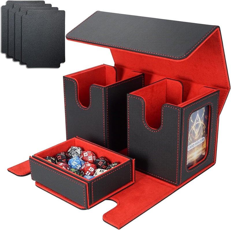 AFIING Mtg deck box with commander display- Fits 200 Double Sleeved Cards,3-in-1Card Deck Case,Strong Magnet Card Organizer For Magic Commander TCG CCG,4Dividers &2 Toploaders, Black/Red - Image 1